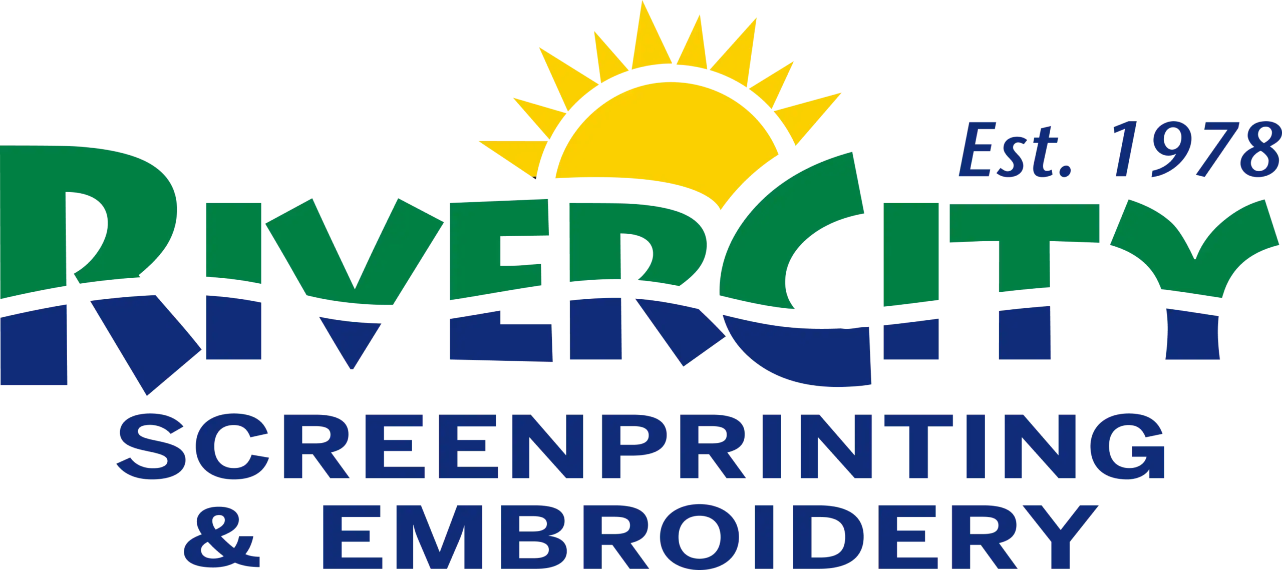 Logo Logo for River City Screenprinting & Embroidery, featuring a stylized sun and the text "River City" in green and blue, with "Screenprinting & Embroidery" displayed below in blue, and "Est. 1978" in small blue text.