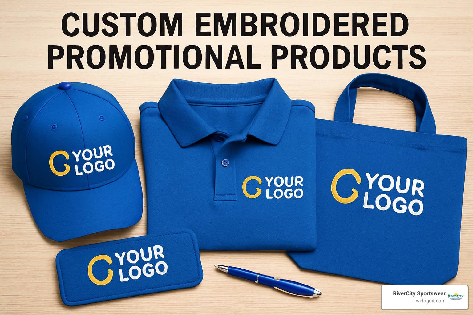 Lineup of top embroidered promotional products including hats, polos, jackets, and bags - custom embroidered promotional products Lineup of top embroidered promotional products including hats, polos, jackets, and bags - custom embroidered promotional products