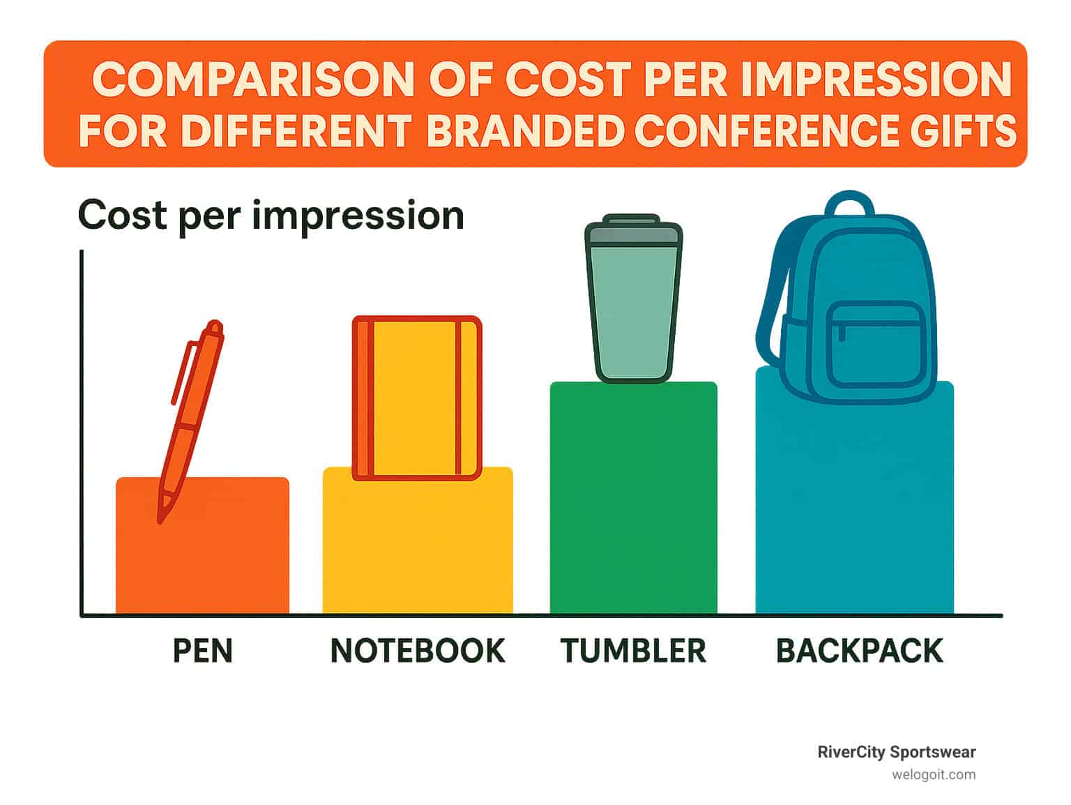 Comparison of cost per impression for different branded conference gifts - branded conference gifts infographic Comparison of cost per impression for different branded conference gifts - branded conference gifts infographic