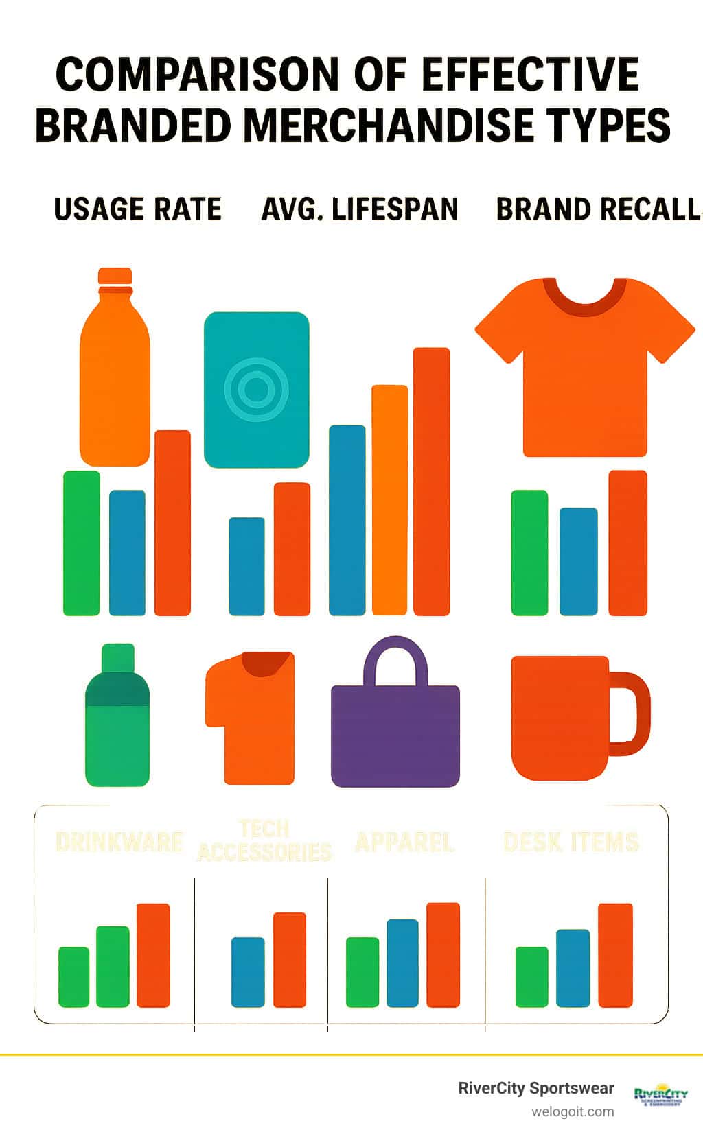 Comparison of effective branded merchandise types showing usage rates, average lifespan, and brand recall statistics for different categories including drinkware, tech accessories, apparel, bags, and desk items - branded merchandise for corporate events infographic Comparison of effective branded merchandise types showing usage rates, average lifespan, and brand recall statistics for different categories including drinkware, tech accessories, apparel, bags, and desk items - branded merchandise for corporate events infographic