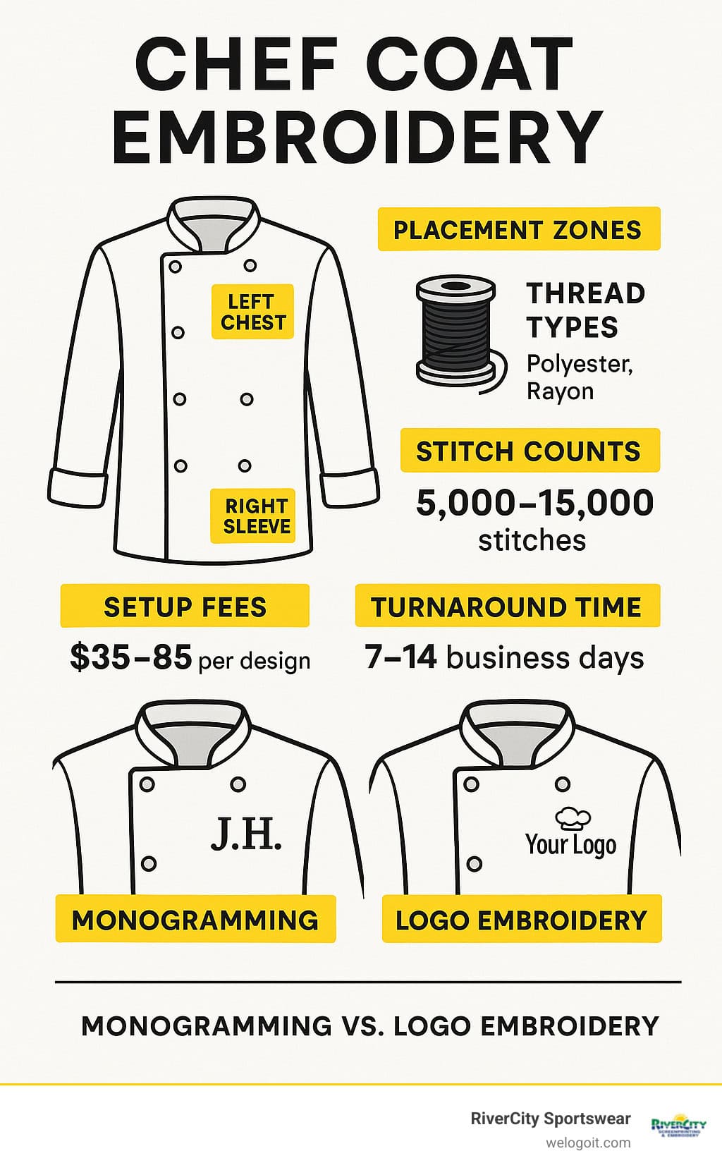 Detailed breakdown of chef coat embroidery components showing placement zones, thread types, stitch counts, setup fees, and turnaround times with visual examples of monogramming versus logo embroidery - chef coat embroidery infographic Detailed breakdown of chef coat embroidery components showing placement zones, thread types, stitch counts, setup fees, and turnaround times with visual examples of monogramming versus logo embroidery - chef coat embroidery infographic