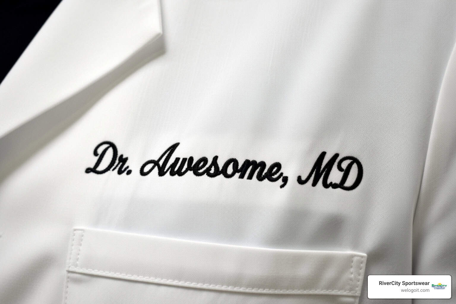 Image showing a "what not to do" example for white coat embroidery, with a very scripty font, an unprofessional title like "Dr. Awesome", and unearned credentials like "MD" on a student's coat - medical student white coat embroidery Image showing a "what not to do" example for white coat embroidery, with a very scripty font, an unprofessional title like "Dr. Awesome", and unearned credentials like "MD" on a student's coat - medical student white coat embroidery