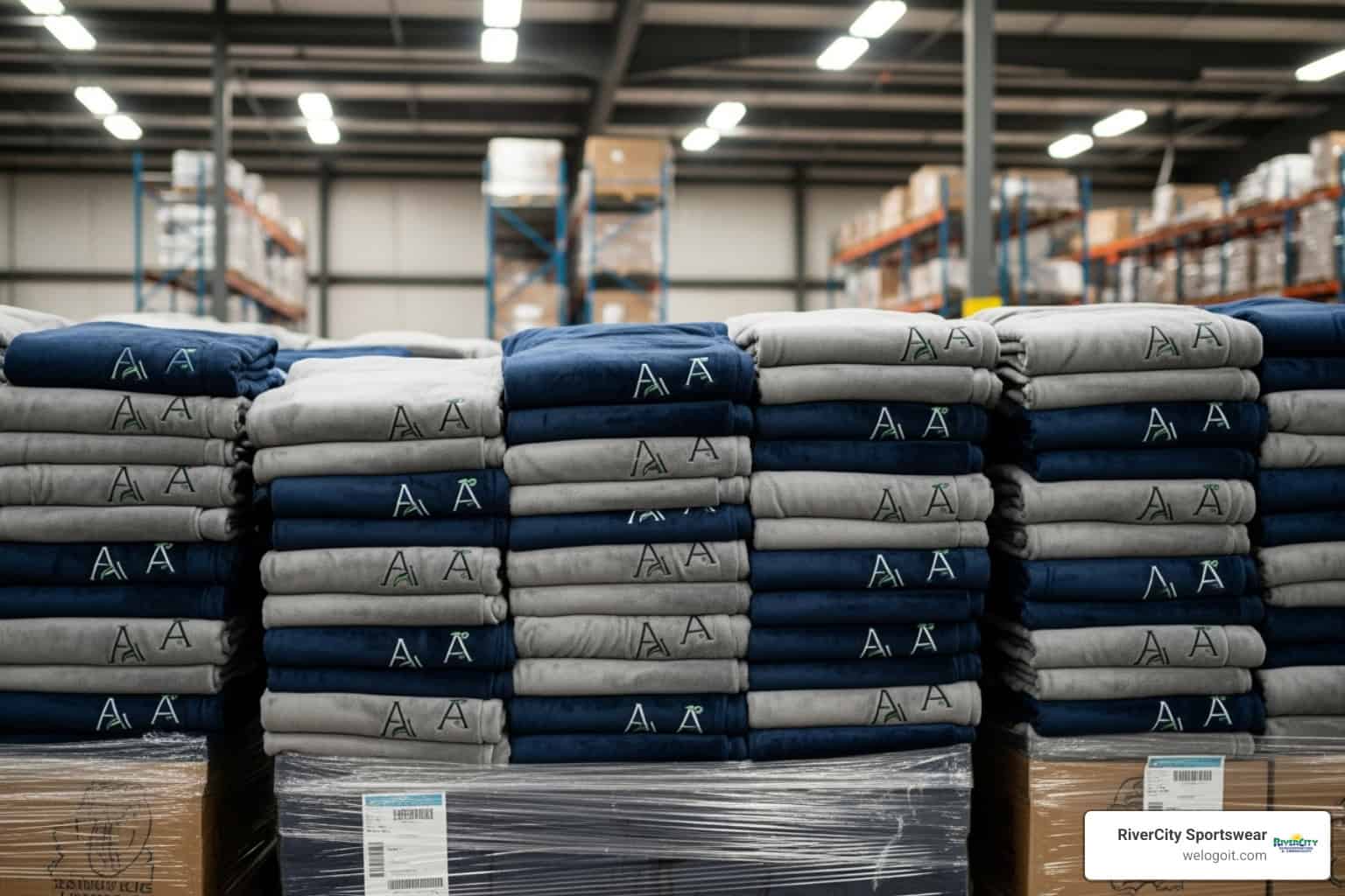 Image of bulk ordering custom logo fleece blankets with a large stack of folded blankets - custom logo fleece blankets Image of bulk ordering custom logo fleece blankets with a large stack of folded blankets - custom logo fleece blankets